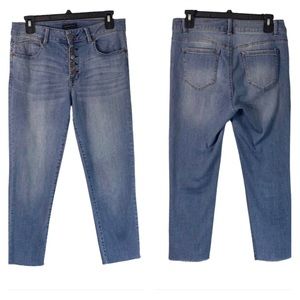 Catherine Malandrino Button Hi-Rise Fly Frayed Ankle Faded Denim Jeans